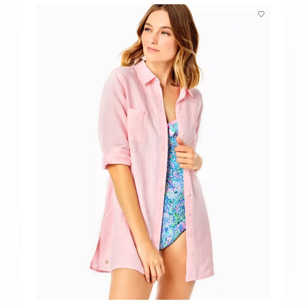 Lily Pulitzer Sea View Swim Cover Up Pink Blossom Size Small Linen Shirt Dress